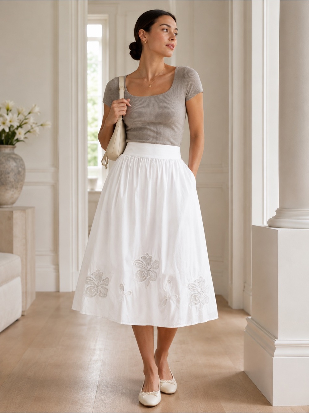 Magaschoni NWT XS White Cotton Beaded Floral A-Line Midi Skirt MSRP $188